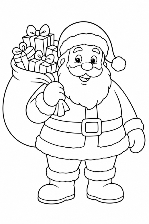 Santa with his sack: Santa carrying a large sack of presents over his shoulder, free printable coloring page