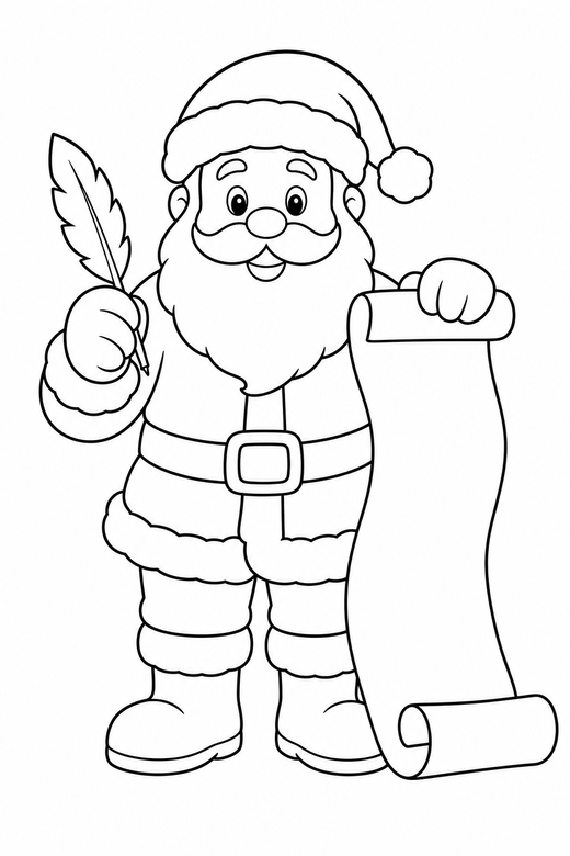 Santa reading his list: Santa holding a long unrolled list and a quill, free printable coloring page