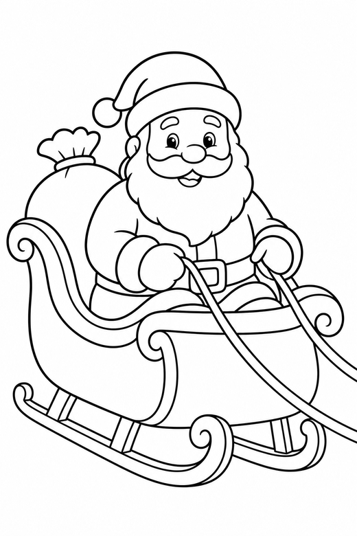 Santa in his sleigh: Santa sitting in a sleigh holding the reins, free printable coloring page