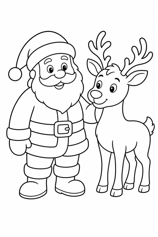 Santa and a reindeer: Santa standing beside a reindeer, patting its neck, free printable coloring page