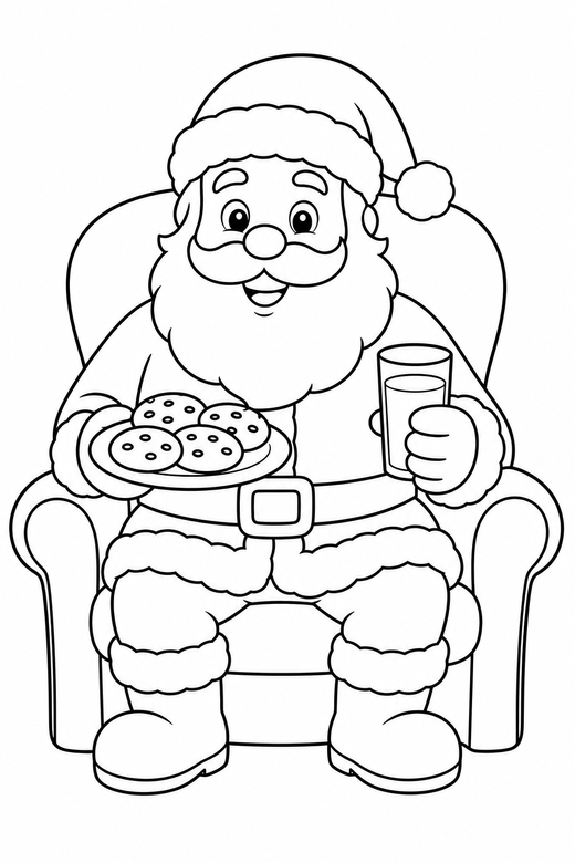 Santa eating cookies: Santa sitting with a plate of cookies and a glass of milk, free printable coloring page
