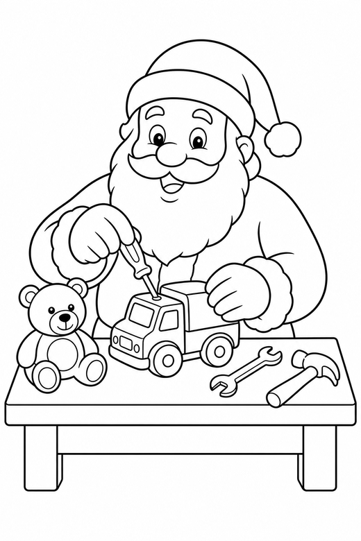 Santa in his workshop: Santa at a workbench with a toy and tools, free printable coloring page