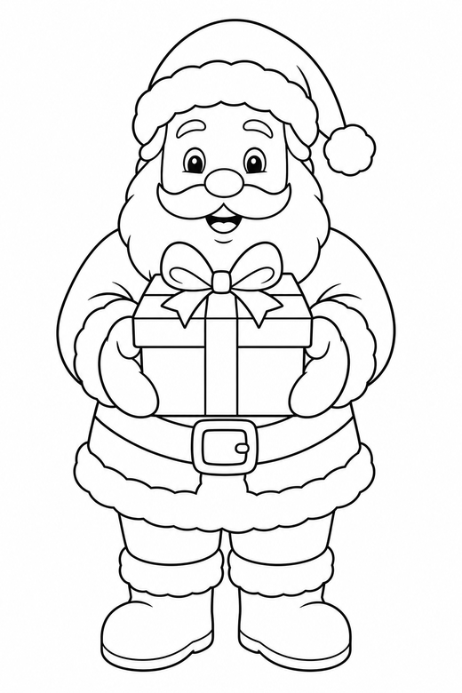 Santa with a present: Santa holding out a single wrapped present, free printable coloring page