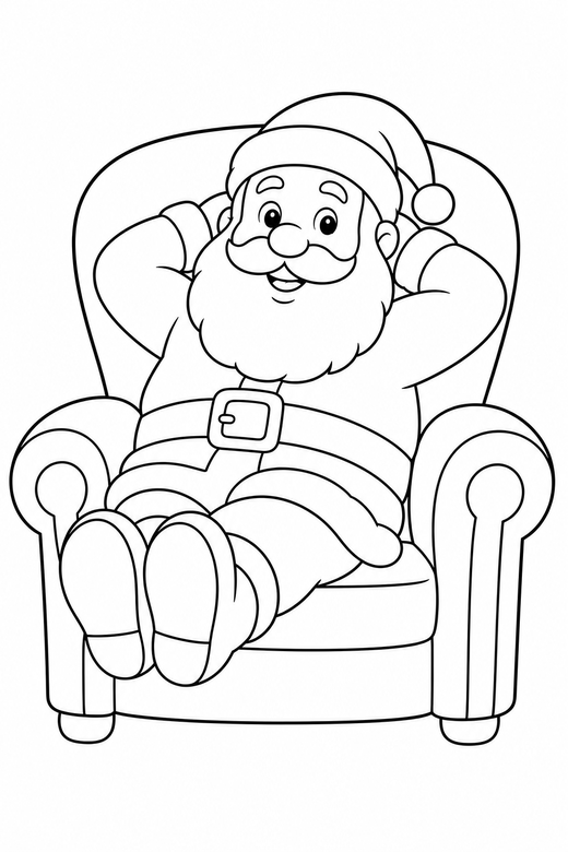 Santa sitting in a chair: Santa sitting in a large armchair with his boots up, free printable coloring page