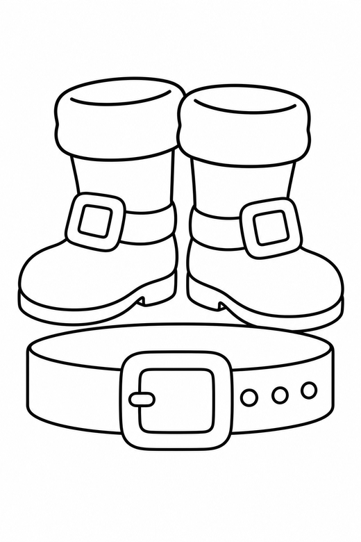 Santa's boots and belt: A pair of Santa boots beside a wide buckled belt, free printable coloring page