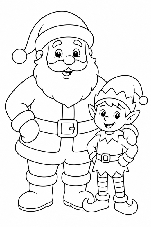 Santa and an elf: Santa standing with a small elf helper beside him, free printable coloring page
