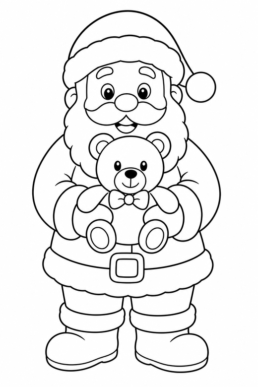 Santa hugging a teddy: Santa holding a teddy bear toy, free printable coloring page