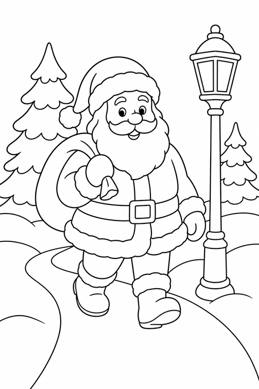 Santa on a snowy path: Santa walking along a snowy path with a lamp post, free printable coloring page