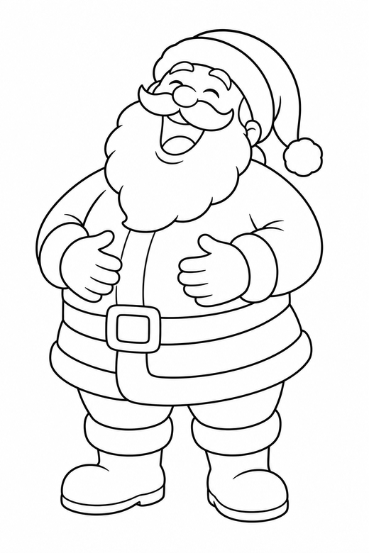 Santa laughing: Santa with his head back laughing, hands on his belly, free printable coloring page