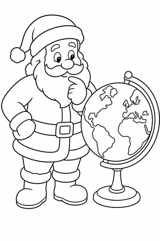 Santa checking a globe: Santa looking at a globe with a map on it, free printable coloring page
