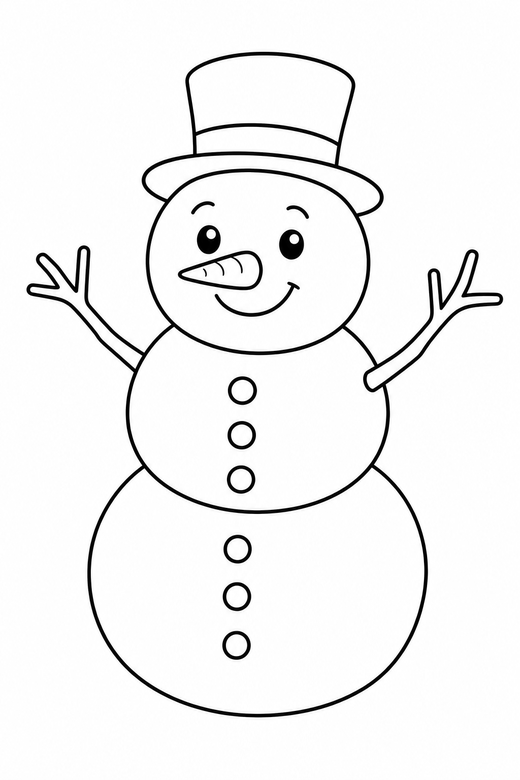 Classic snowman: A three-ball snowman with a carrot nose, hat and stick arms, free printable coloring page