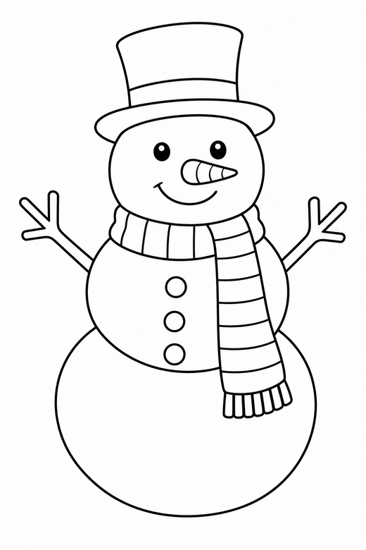 Snowman with a scarf: A snowman wearing a long striped scarf and a top hat, free printable coloring page