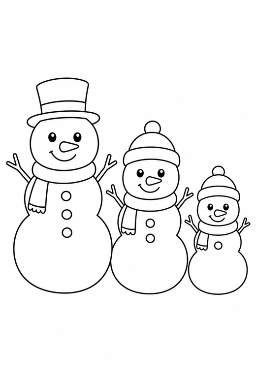 Snowman family: Three snowmen of decreasing size standing in a row, free printable coloring page