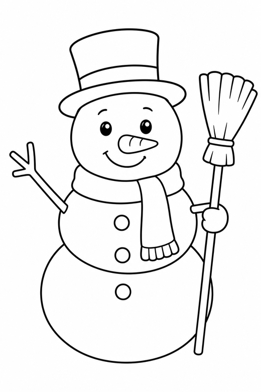 Snowman with a broom: A snowman holding a broom under one stick arm, free printable coloring page