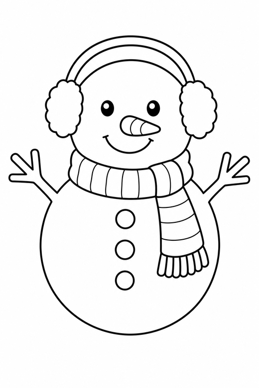 Snowman with earmuffs: A snowman wearing earmuffs and a knitted scarf, free printable coloring page