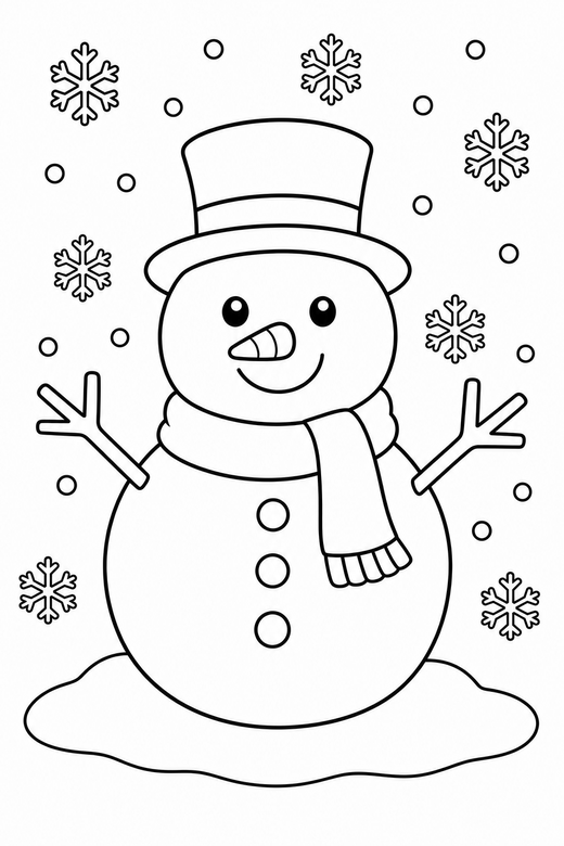 Snowman in a snowfall: A snowman with snowflakes falling around it, free printable coloring page
