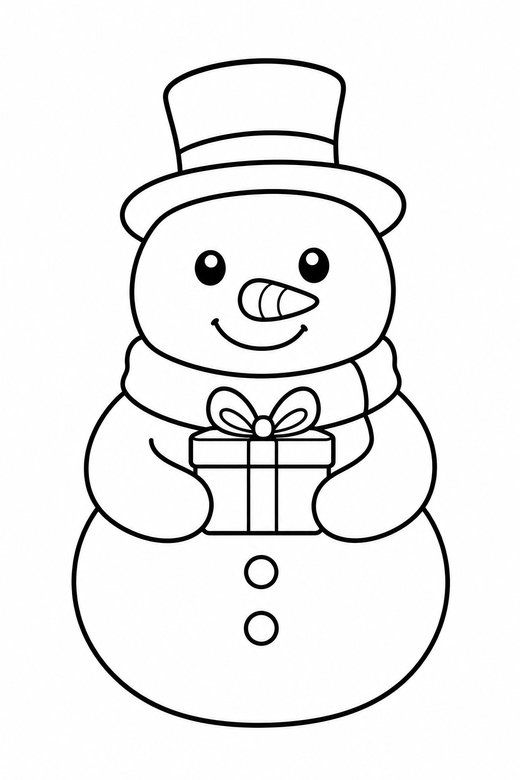 Snowman holding a gift: A snowman holding a small wrapped present, free printable coloring page