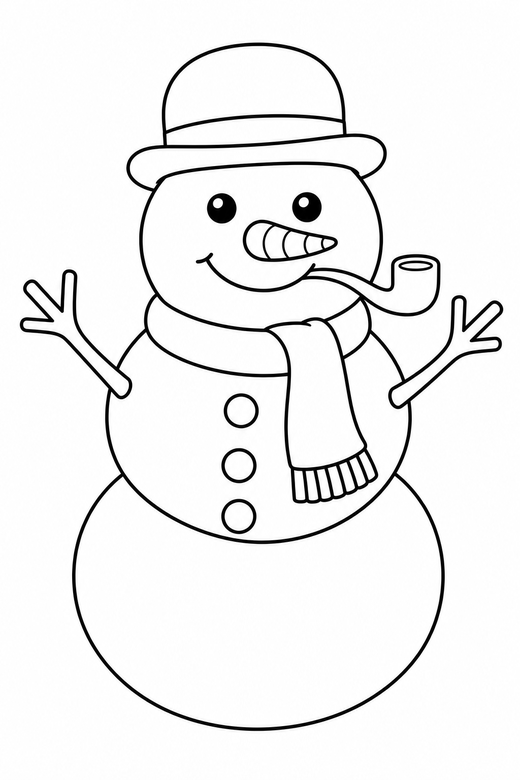 Snowman with a pipe: A snowman with a curved pipe and a bowler hat, free printable coloring page