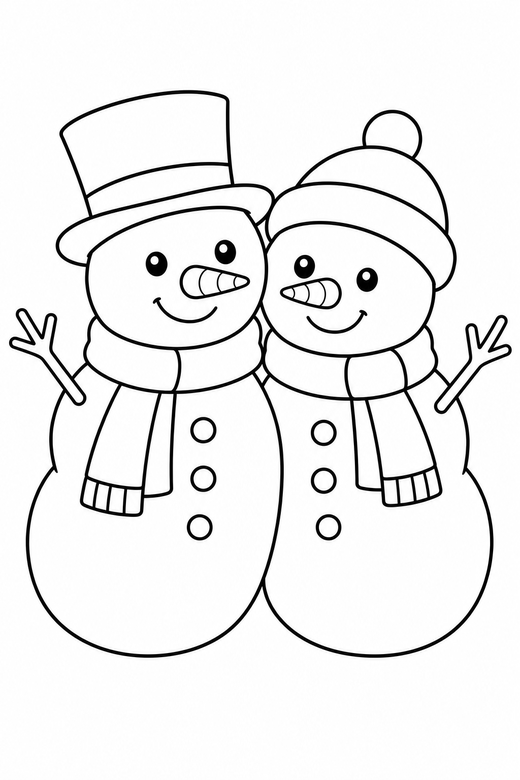 Two snowmen together: Two snowmen leaning slightly toward each other, free printable coloring page