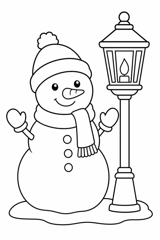 Snowman with a lantern: A snowman beside a lantern on a post, free printable coloring page