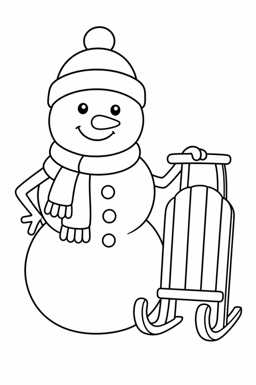Snowman with a sled: A snowman standing beside a wooden sled, free printable coloring page