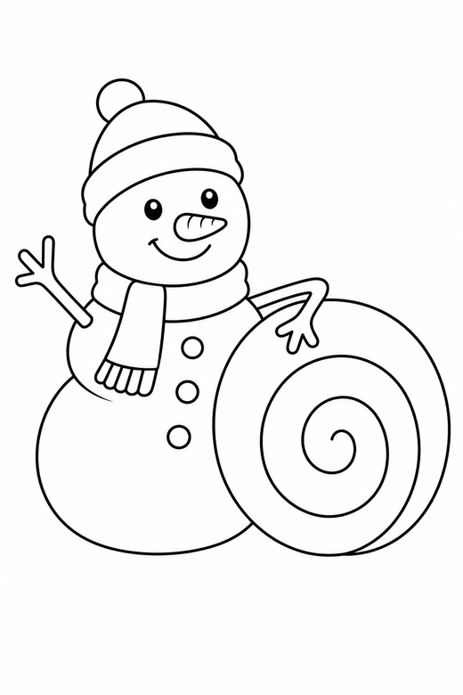 Snowman and a snowball: A snowman beside a large rolled snowball, free printable coloring page