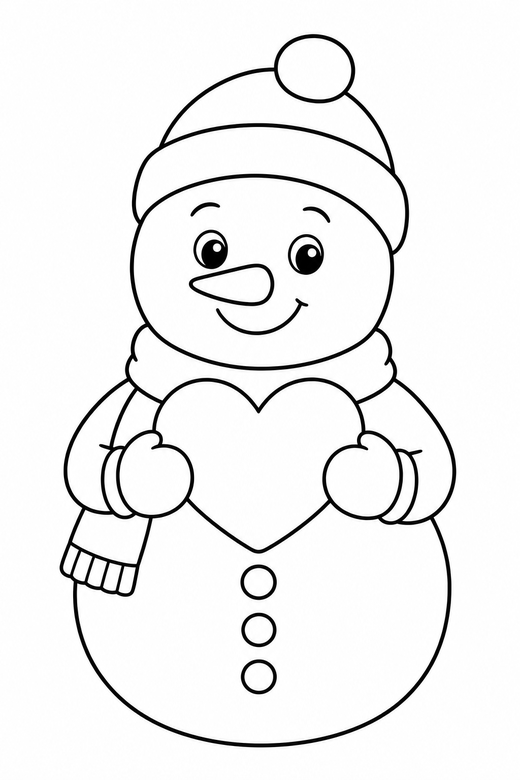 Snowman with a heart: A snowman holding a heart shape made of snow, free printable coloring page