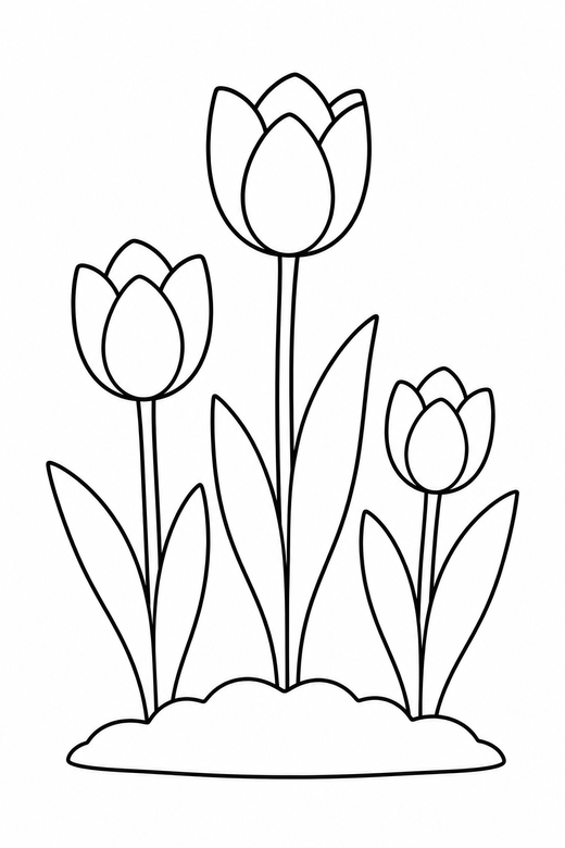 Tulips in a row: Three tulips of different heights growing from the ground with leaves, free printable coloring page