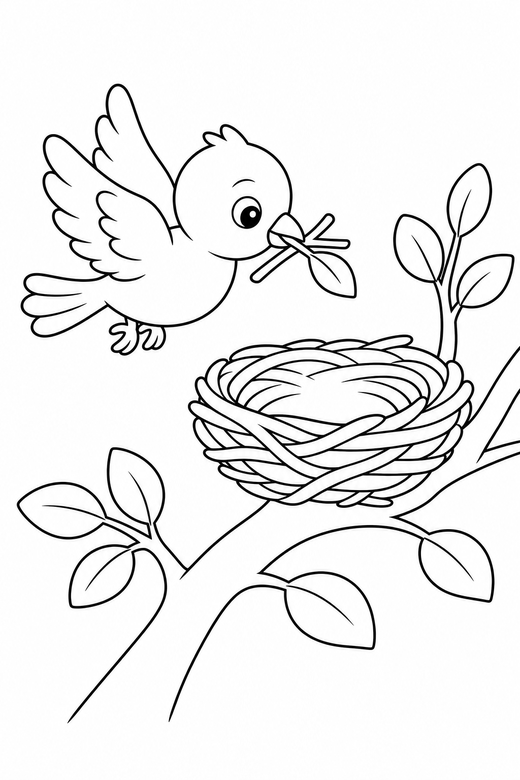 Bird building a nest: A small bird carrying a twig toward a nest in a branch, free printable coloring page