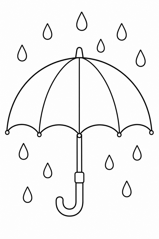 Umbrella in the rain: An open umbrella with simple raindrops falling around it, free printable coloring page