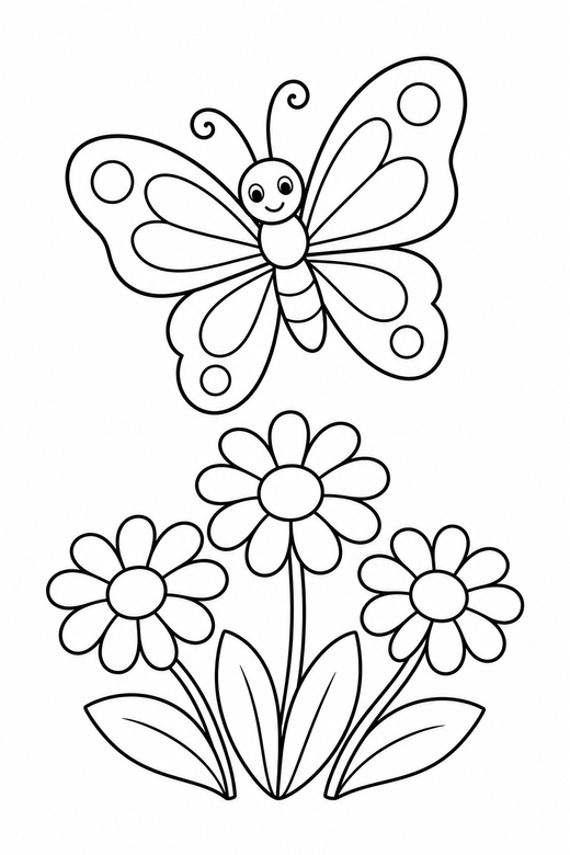 Butterfly over daisies: A butterfly flying above a small cluster of daisies, free printable coloring page