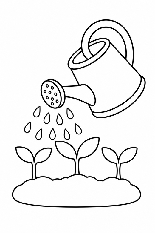 Watering can and sprouts: A watering can tipped over three small sprouts, free printable coloring page