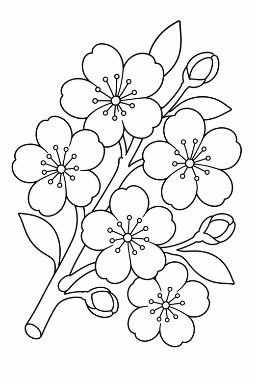 Blossom branch: A branch of cherry blossom with several open flowers, free printable coloring page