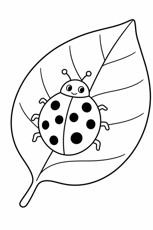 Ladybug on a leaf: A ladybug resting on a large simple leaf, free printable coloring page
