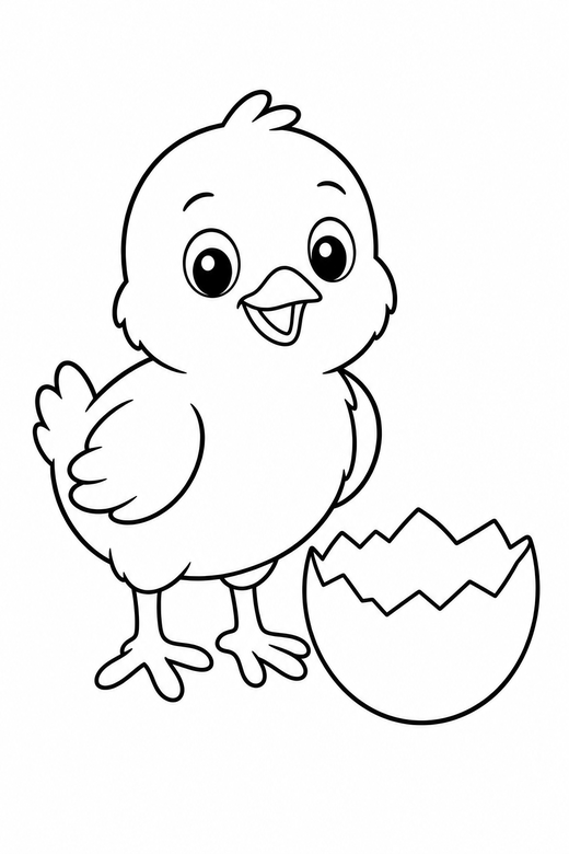 Chick and eggshell: A newly hatched chick standing beside a broken eggshell, free printable coloring page