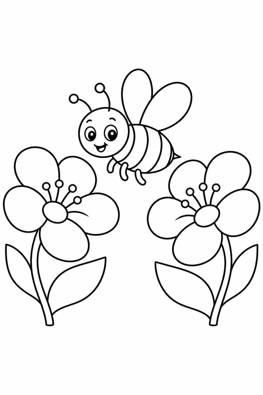 Bee among blossoms: A bee flying between two open blossoms, free printable coloring page