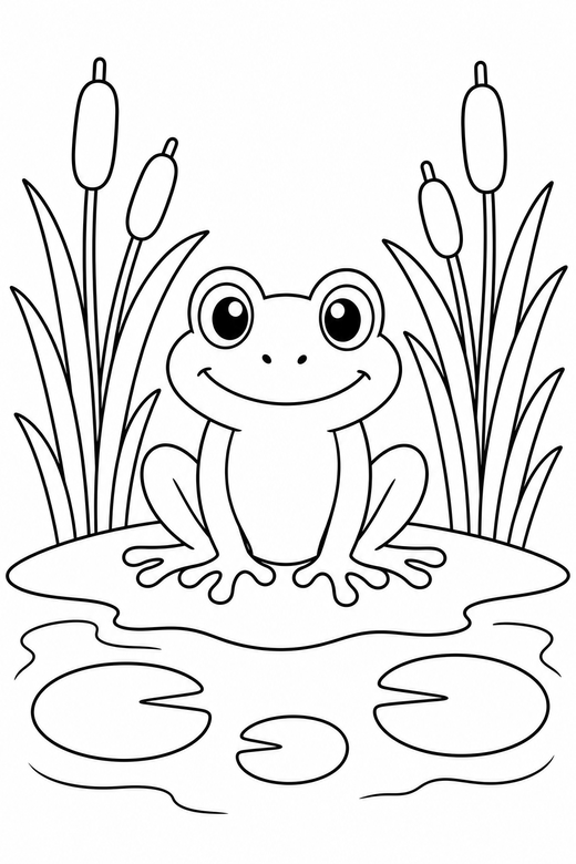 Frog by the pond: A frog sitting at the edge of a pond with reeds, free printable coloring page
