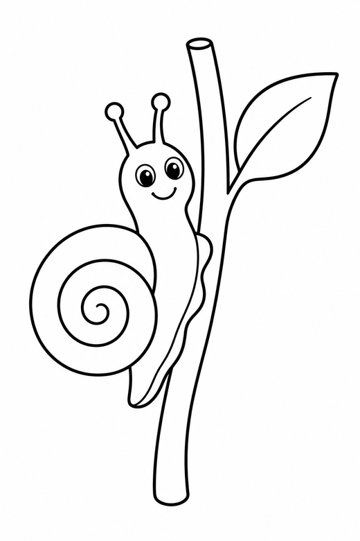 Snail on a stem: A snail climbing a plant stem with one leaf, free printable coloring page