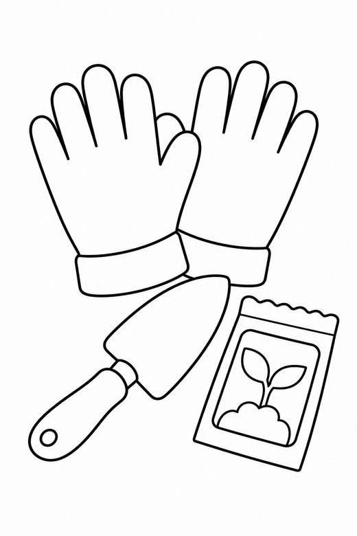 Garden gloves and trowel: A pair of gardening gloves beside a small trowel and seed packet, free printable coloring page
