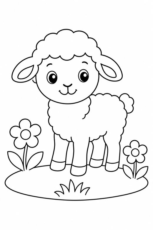 Lamb in a meadow: A small lamb standing in a meadow with two flowers, free printable coloring page