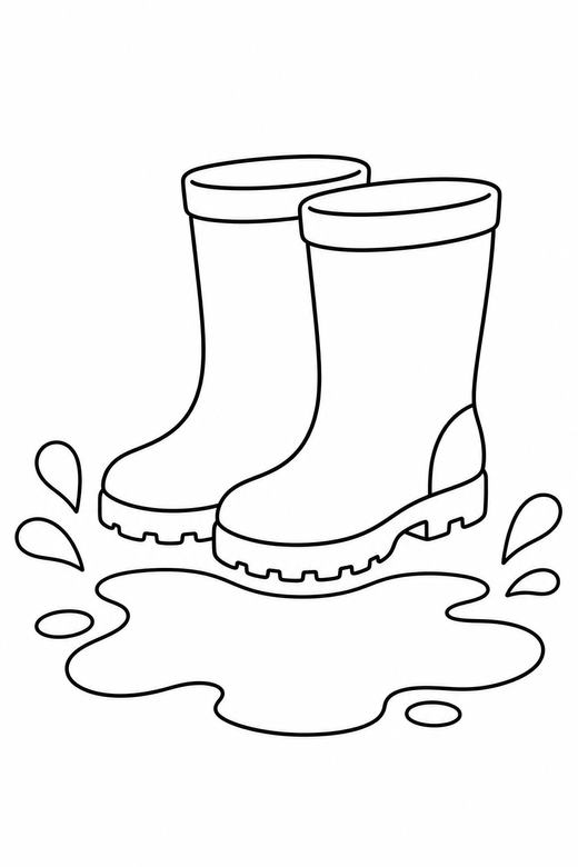 Puddle and boots: A pair of rain boots standing beside a puddle, free printable coloring page
