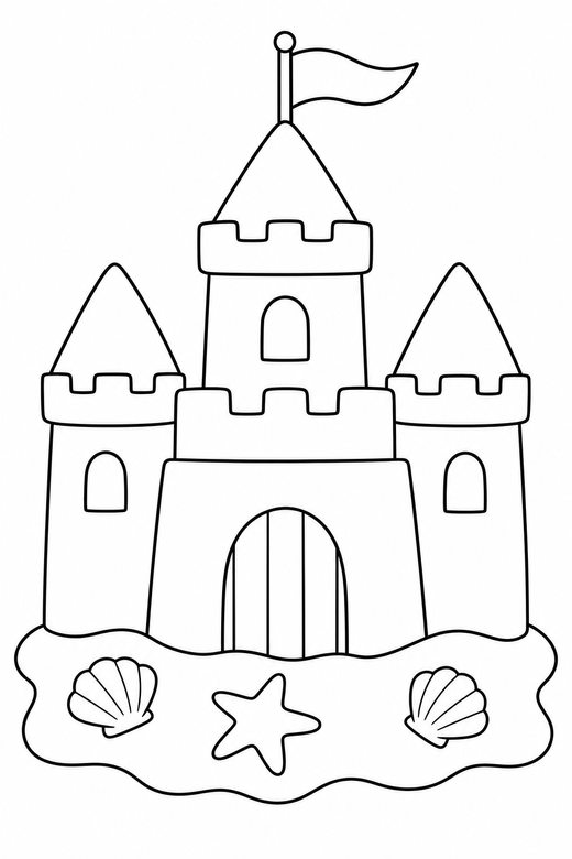 Sandcastle on the beach: A sandcastle with towers and a small flag, on sand, free printable coloring page