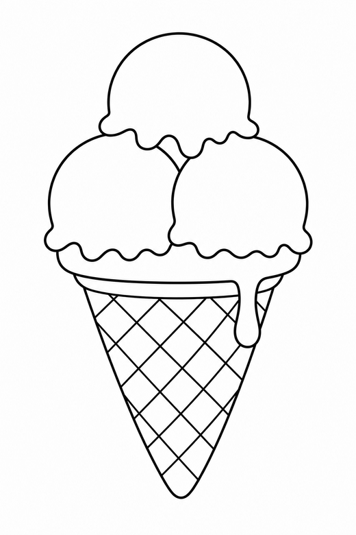 Ice cream cone melting: An ice cream cone with three scoops and a drip down the side, free printable coloring page