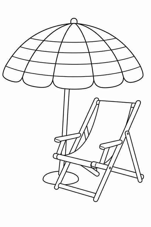 Beach umbrella and chair: A striped beach umbrella beside a folding chair, free printable coloring page