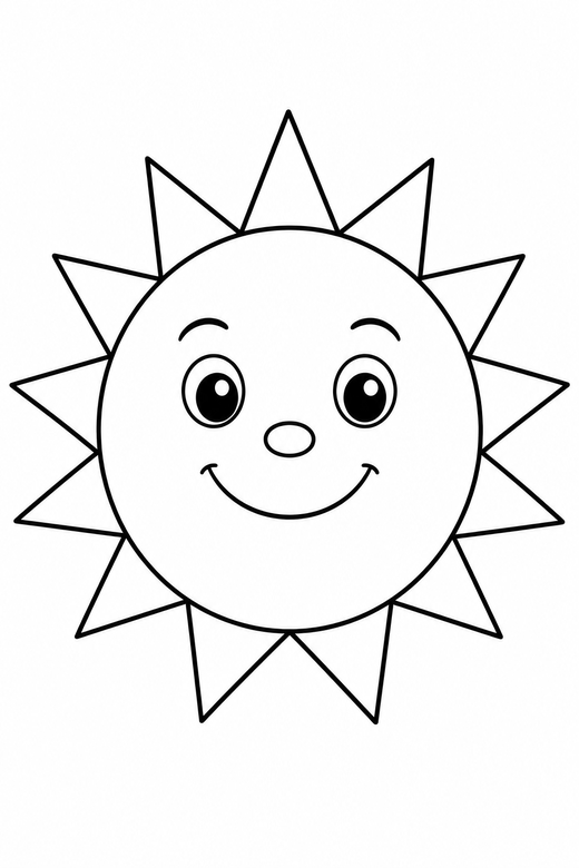 Sun with a smiling face: A round sun with triangular rays and a friendly face, free printable coloring page
