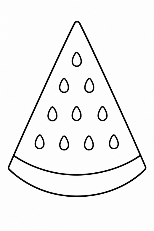 Watermelon slice: A large triangular watermelon slice with seeds, free printable coloring page