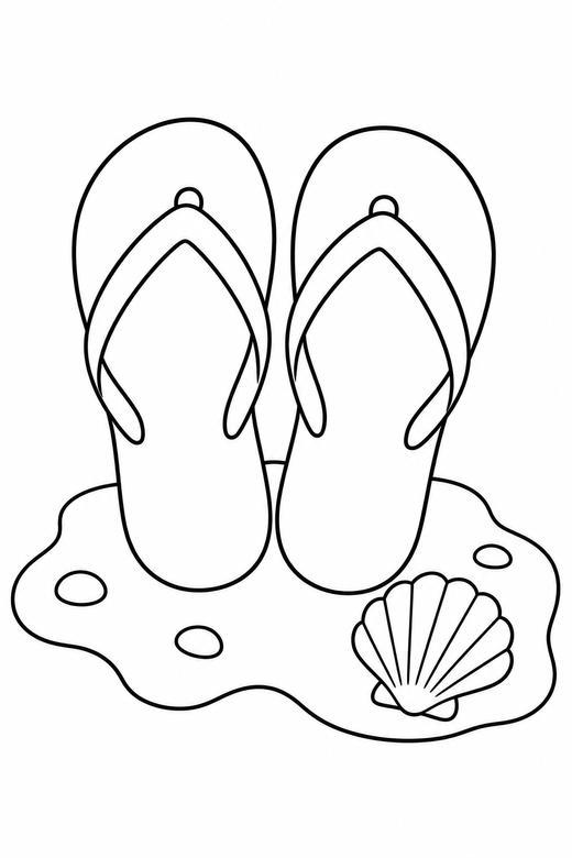 Flip flops in the sand: A pair of flip flops on sand with a shell nearby, free printable coloring page
