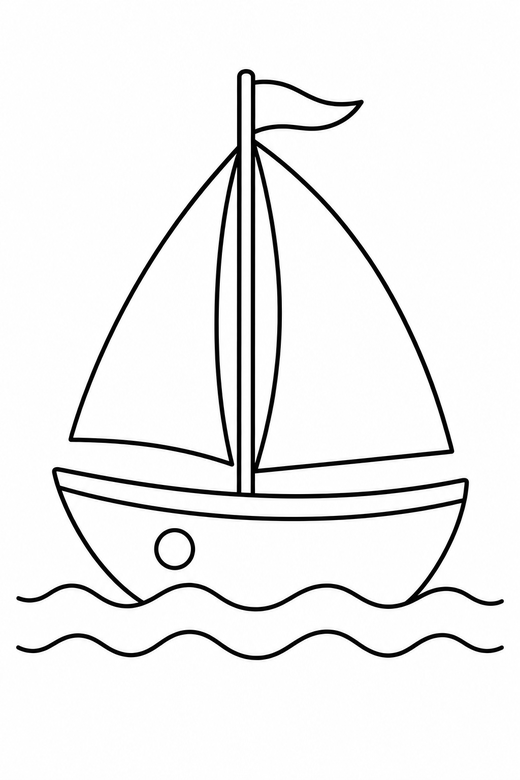 Sailboat on waves: A small sailboat with two sails on simple waves, free printable coloring page