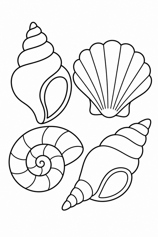 Seashell collection: Four different seashells arranged in a group, free printable coloring page