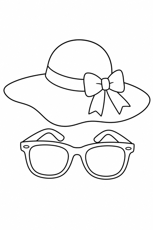 Sunglasses and hat: A pair of sunglasses beside a wide sun hat, free printable coloring page